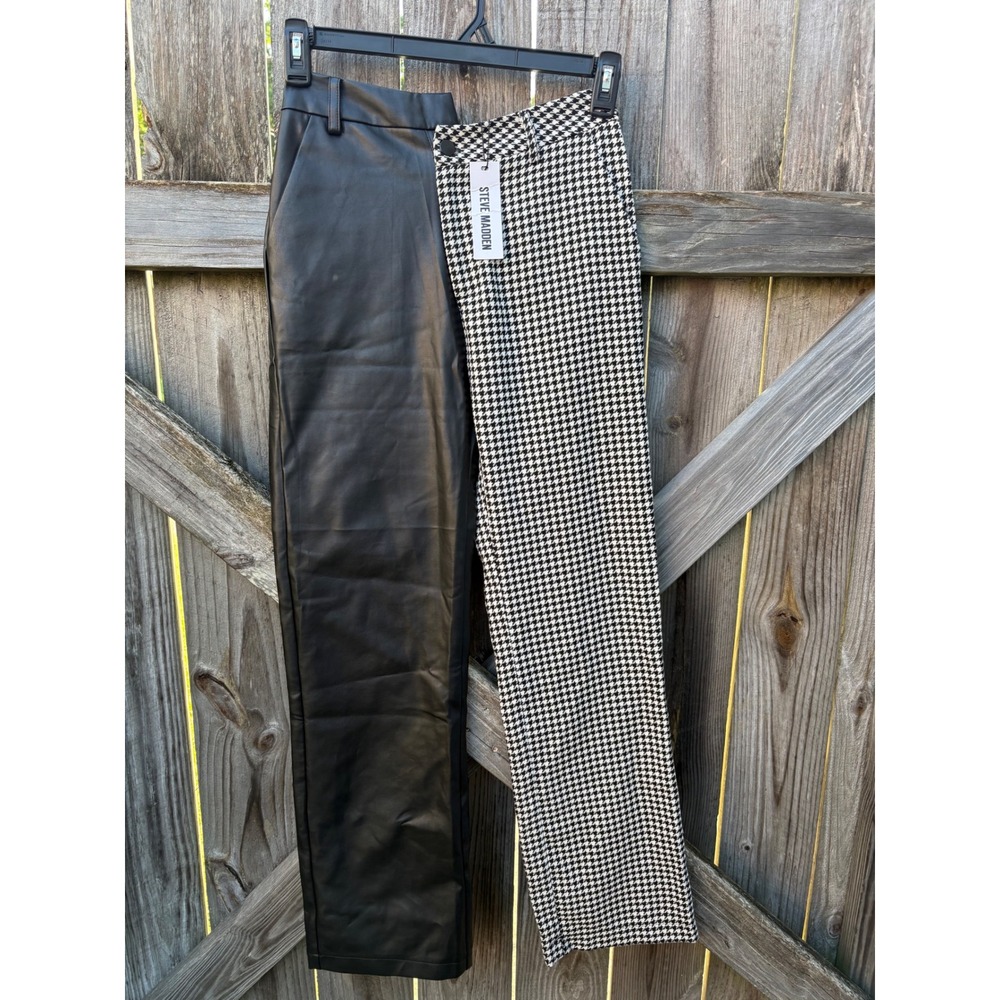 Steve Madden Split Leg Faux Leather Houndstooth Pants Black White BM303284 Sz 26